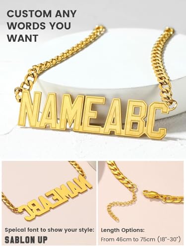 GoldChic JEWELRY Name Necklace Personalized for Men, Womens Custom Name Plate Chain, Stainless Steel Customized Old English Nameplate Choker with Curb Chains Custom, 16 inches to 30 inches - color: Cuban Chain 6 mm- Gold(Large Pendant)