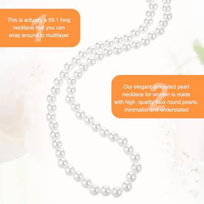 59" Long Pearl Necklace, Vintage Elegant Long Pearls Necklace Fashion Faux Pearls Pendants 1920s Gatsby Costume Jewelry White Faux Pearls Strand Beads for Women Wedding Party