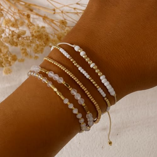 5Pcs Stack Gold Plated Ball Beaded Bracelets Set for Women, Boho Handmade Colorful Glass Pearl Stretch Accessories Jewelry, Summer Beach Daily Wear Holiday Friendship Gift - color: White Gold