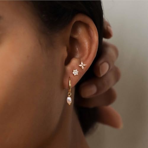 Sterling Silver Earrings Stacks for Women, Hypoallergenic Cartilage Earring | Dainty Stud Huggie Hoop Dangle Chain Earrings, 14K Gold/White Gold Plated - color: 3Pairs-Pearl Flower Set-Gold