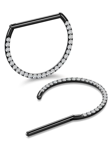 Oveta Titanium D Shaped Nipple Rings 14G for Nipple Piercing Jewelry Higned Segment Clicker Cartilage Hoop Earring 12mm 14mm 16mm for Women Men, Silver/Gold/Black, 2PCS - color: Black, size: 16mm Bar,CZ