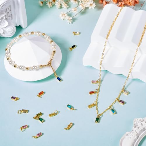 Pandahall 12Pcs 18K Gold Plated Rectangle Charms Cubic Zirconia Birthstone Charms Brass Crystal CZ Stone Pendants with Jump Ring for Jewelry Making Necklace Bracelet Earring