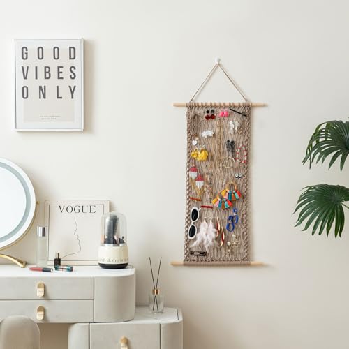 Hanging Jewelry Mesh Organizer with 20 Pieces S Shape Hooks | Macrame,Wall Mounted,Necklaces Storage,Earring Display Rack,Girls Hair Clips Hanger,for Bracelets and Rings, Milk Coffee - color: coffee