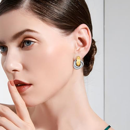 Gold Geometric Drop Dangle Earrings for Women Chunky Trendy Knot Stud Small Twisted Link Earring Jewelry Gift - color: A-Small Flower-mix metal