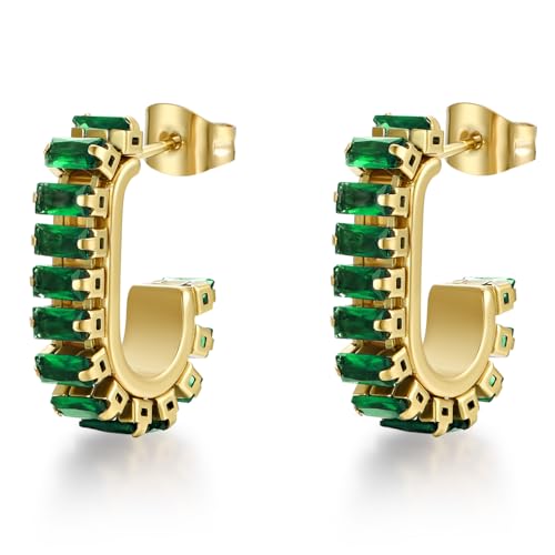 Green Crystal huggie gold hoop earrings for women Girls,14K Gold Plated with 925 Sterling Silver Post color Cubic Zirconia dainty cute Earrings| CZ Stud Earring - color: Green stone