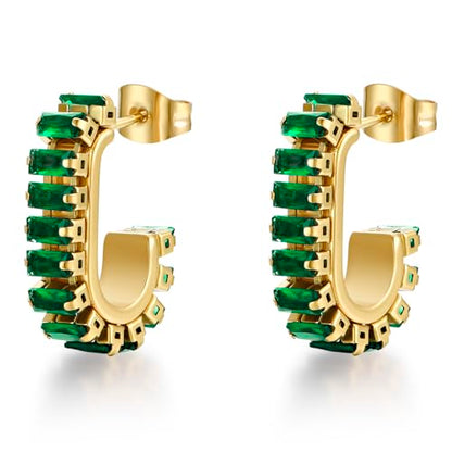 Green Crystal huggie gold hoop earrings for women Girls,14K Gold Plated with 925 Sterling Silver Post color Cubic Zirconia dainty cute Earrings| CZ Stud Earring - color: Green stone