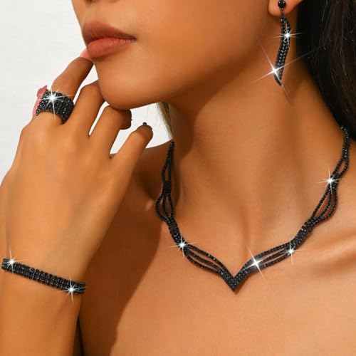 Rhinestone Bridal Wedding Jewelry Sets Black Necklace Earrings Bracelet Ring Set Prom Formal Costume Jewelry Set for Women and Brides - color: Black