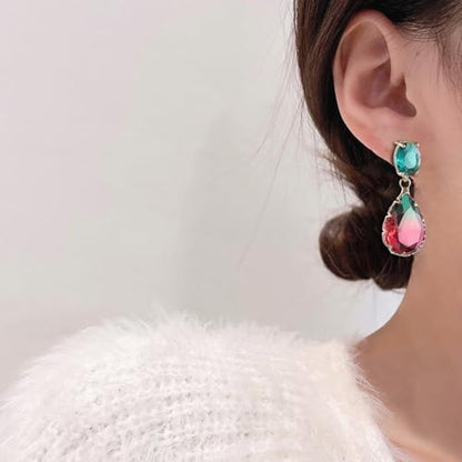 Crystal Earrings CXUEMH Teardrop Earrings for Women Blue and Green Dangle Earrings Elegant Earrings for Prom Emerald Green Earrings Formal Jewelry Crystal Drop Earrings - color: green and red