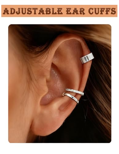 16 Pcs Ear Cuff Earrings for Women Non Piercing Gold Silver Plated Ear Cuffs Non Pierced Snake Leaf CZ Star Feather Waterdrop Chain Ears Cuff Wrap Earring Clip on Cartilage Helix Fake Earrings Lightweight Adjustable - color: Silver