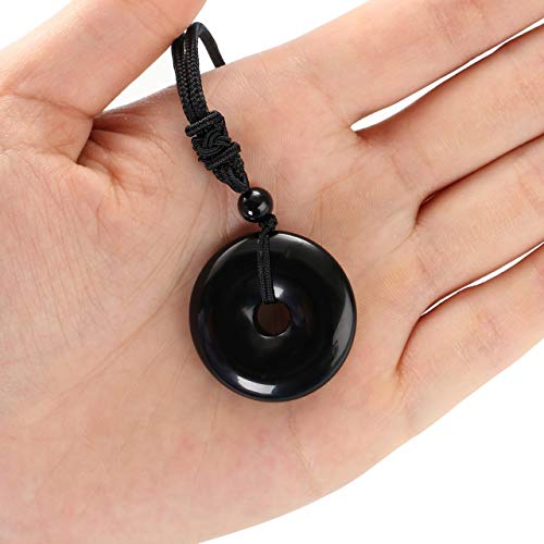 Jovivi 30mm Circle Donut Healing Crystals Necklace Natural Semi-Precious Chakra Gemstone Stone Amulet Lucky Coin Donuts Charm Protection Quartz Reiki Pendant Necklace for Men Women Adjustable Rope - color: Obsidian Crystal