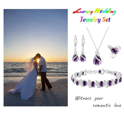 LMXXVJ Jewelry Set for Women,Teardrop Cubic Zirconia Necklace Earrings Adjustable Ring Bracelet Jewelry Set Formal Jewelry Gift - color: SYSD-White Gold-Purple