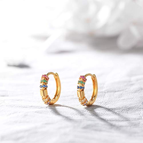 Cubic Zirconia Huggie Earrings 14k Gold Plated Tiny Earrings Small Huggie Hoop Earrings Simple Lightweight Hoops Gift for Women - color: CZ Rainbow Hoop