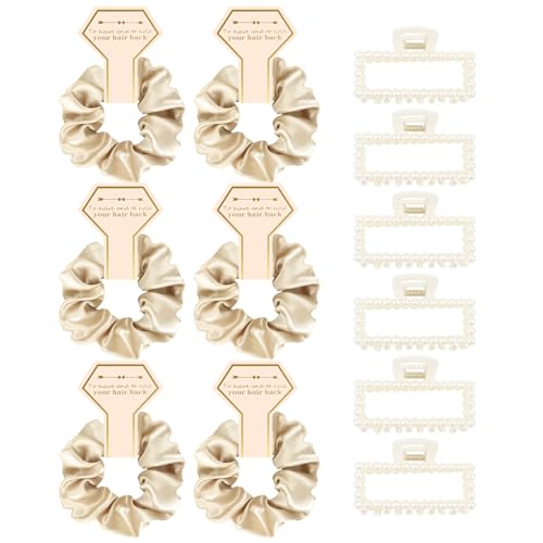 Bridesmaid Proposal Gifts, 12 PCS Bridesmaids Silk Hair Scrunchies & Pearl Hair Clips Set for Women Bachelorette Party Favors Bridal Shower Favors Bridesmaids Gifts for Wedding Day (Champagne Gold) - color: Gold
