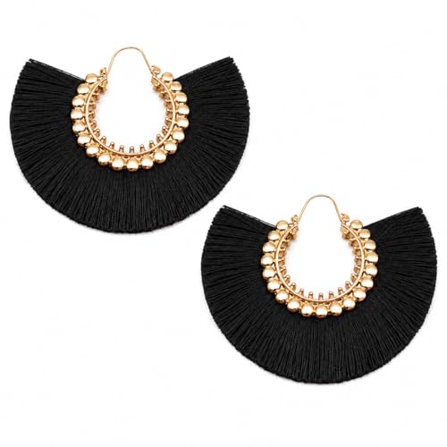 Tassel Hoop Earring Statement Thread Dangle Earrings Stylish Long Fringe Drop Earrings Lightweight Long Swingy French Hook Earrings for Women - color: C Black