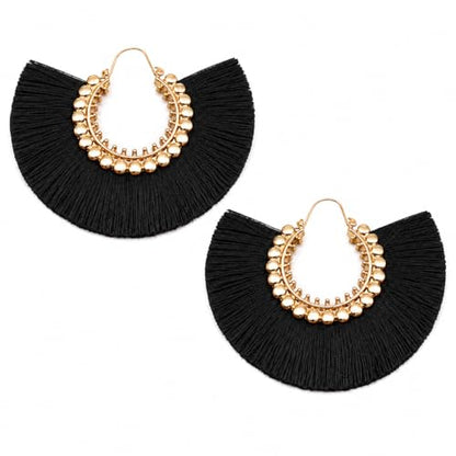 Tassel Hoop Earring Statement Thread Dangle Earrings Stylish Long Fringe Drop Earrings Lightweight Long Swingy French Hook Earrings for Women - color: C Black