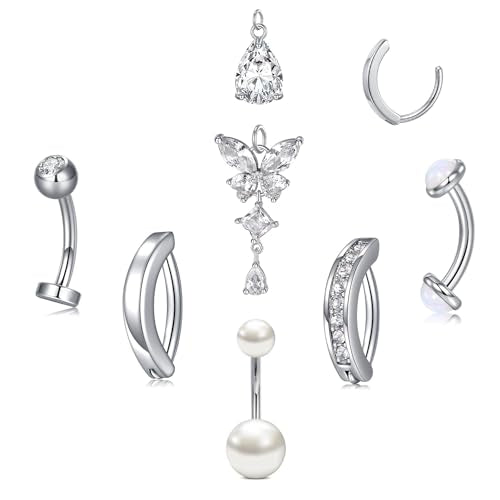 Belly Button Rings Stainless Steel 14G CZ Opal Navel Rings Barbells Women Girls Belly Piercing Jewelry - color: Silver Color-Clicker-Style F: 7PCS