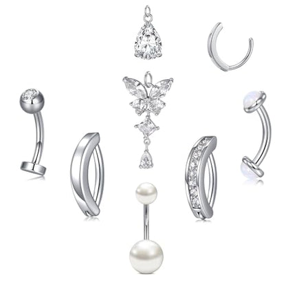 Belly Button Rings Stainless Steel 14G CZ Opal Navel Rings Barbells Women Girls Belly Piercing Jewelry - color: Silver Color-Clicker-Style F: 7PCS