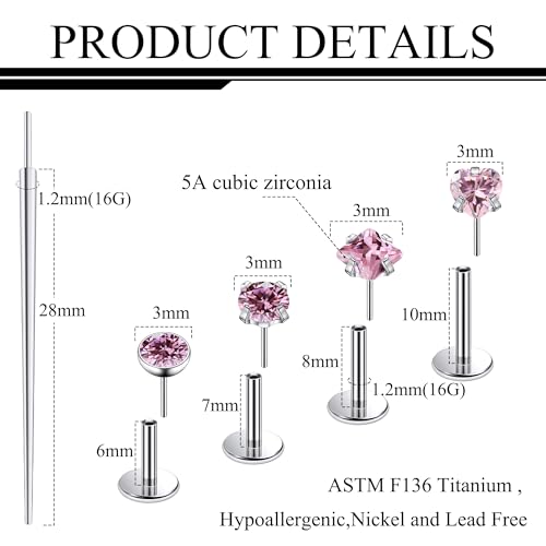 Ruifan Titanium Flat Back Lip Rings Threadless Push in Earrings Studs Nose Rings 20G 18G 16G Round Heart Square CZ Tragus Cartilage Lobe Rook Helix Conch Labret Medusa Piercing Jewelry for Women Men - color: Pink CZ, size: 16G-6/8/10mm