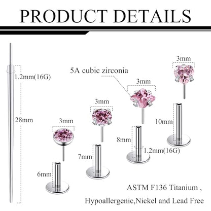 Ruifan Titanium Flat Back Lip Rings Threadless Push in Earrings Studs Nose Rings 20G 18G 16G Round Heart Square CZ Tragus Cartilage Lobe Rook Helix Conch Labret Medusa Piercing Jewelry for Women Men - color: Pink CZ, size: 16G-6/8/10mm