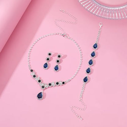 Paxuan Silver/Gold Rhinestone Crystal Wedding Bridal Bridesmaids Earrings Bracelet Set for Women Brides Bridesmaids Crystal Rhinestone Bracelet Earrings Set for Wedding Bridal Prom Pageant - color: Sapphire Blue