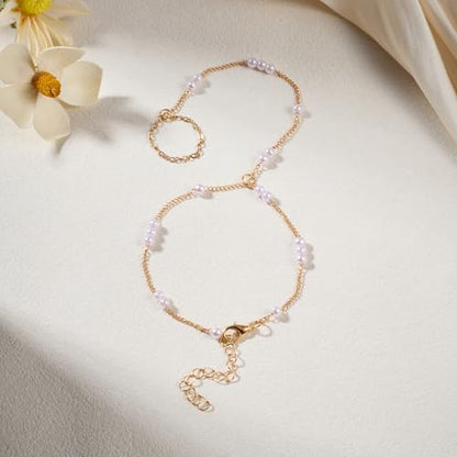 AceFun 1PC Gold Hand Chain Bracelet for Women Rhinestones Crown Pearls Beads Finger Ring Bracelets Trendy Dainty Simple Waterproof Bracelet Fashion Body Jewelry for Ladies - color: Pearls