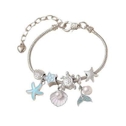 Charm Bracelet Snake Chain Ocean Theme Mermaid Tail Blue Starfish Shell Faux Pearl Turtles Beaded Adjustable Jewelry - color: Silver