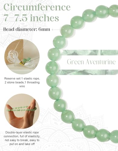 Natural Stone Beaded Bracelets for Men Women, 4mm 6mm 8mm | Healing Crystal, Protection Gemstone, Gift Packaging with Energy Card, Stretch Jewelry, Replacement Beads Included, 18 Stone - color: Green Aventurine(Wealth & Success), size: 6mm