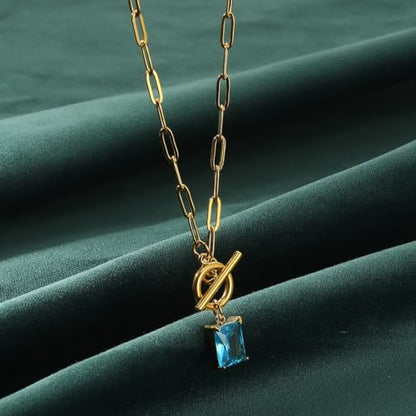 Diamond Necklaces for Women Natural Stone Paperclip Toggle Necklace 14K Gold Plated Emerald Birthstone Necklace for Women Paper Clip Chain Blue Green Cubic Zirconia Pendant Birthday Gifts for Women Mother Jewelry - color: 03. March(Aquamarine)