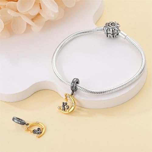 14K Gold Plated Charms for Bracelets Necklace Star Moon Cross Beads Woman | 925 Sterling Silver Charms Butterfly Cute Cat Dog Evil Eye Lucky Bracelet Beads Aesthetic Peandant Jewelry Gift for Mom - color: Cat under the moon charm