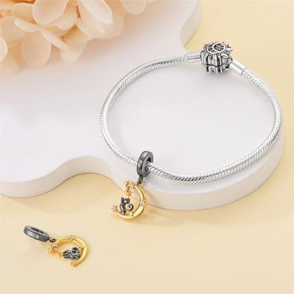 14K Gold Plated Charms for Bracelets Necklace Star Moon Cross Beads Woman | 925 Sterling Silver Charms Butterfly Cute Cat Dog Evil Eye Lucky Bracelet Beads Aesthetic Peandant Jewelry Gift for Mom - color: Cat under the moon charm