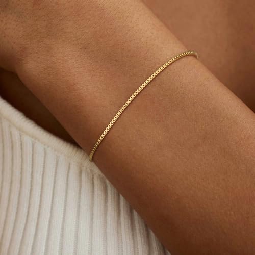 SLOONG 14K Gold Plated Pearl Bracelets for Women Trendy | Dainty Stackable Layered Chain Bridesmaid Bracelets, Waterproof Wedding Jewelry for Women Adjustable 6"+2" - color: Style8(Box Chain)