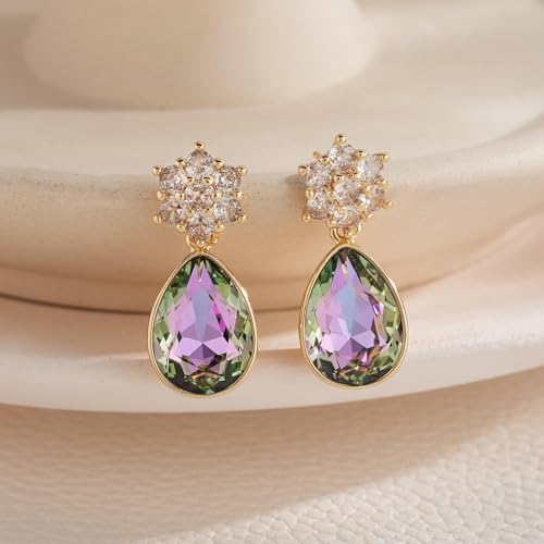 Elegant Austrian Crystal Teardrop Dangle Earrings for Women,14K Gold Plated Flower Drop Earrings Jewelry Gift for Birthday Wedding Anniversary - color: Vitrail Light