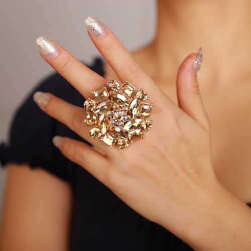 Xerling Red Rhinestone Big Flower Rings Women Crystal Cocktail Party Rings Bridal Wedding Prom Ring Aesthetic Costume Rings for Teens - color: Champagne