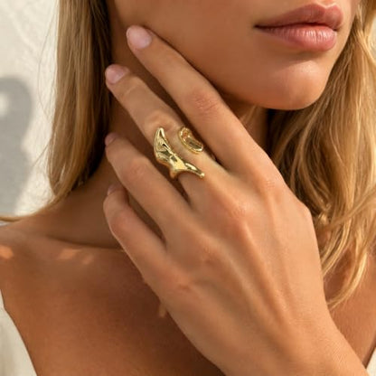 Gold Stainless Steel Open Ring, Sculptural Wave Statement Ring, Wide Polished Band Jewelry for Women Daily Party Outfits