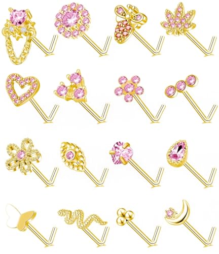 Tornito 16Pcs Nose Stud Rings L Screw Shaped Nose Ring Flower Snake Butterfly Heart Eye CZ Dangle Nose Rings Stud Body Piercing Jewelry for Women Men 20G Silver Pink Tone - color: E:Pink CZ(L Shaped)