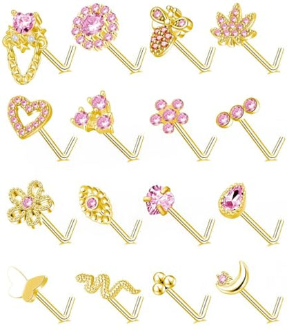 Tornito 16Pcs Nose Stud Rings L Screw Shaped Nose Ring Flower Snake Butterfly Heart Eye CZ Dangle Nose Rings Stud Body Piercing Jewelry for Women Men 20G Silver Pink Tone - color: E:Pink CZ(L Shaped)