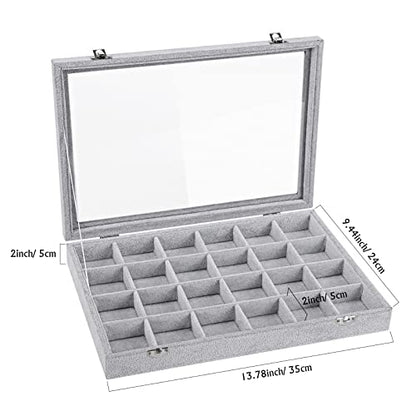 Emibele Velvet Jewelry Organizer Box, 24 Grids with Clear Lid Rings Earrings Bracelets Necklace Organizer Tray Showcase Display Jewelry Storage Case, Grey - style: K2- 24 Grids with Lid