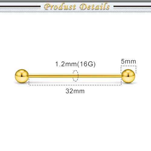 16G 14G Surgical Steel Tongue Rings Nipple Rings Industrial Piercing Jewelry Set Multi Size Straight Barbells 12mm 14mm 16mm 19mm 22mm 28mm 32mm 35mm 38mm 40mm 45mm for Women Men - color: goldtone, size: 16g,bar length 32mm