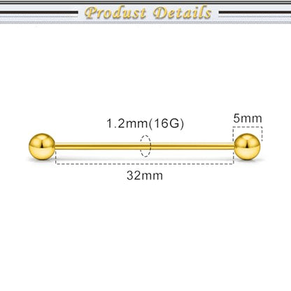 16G 14G Surgical Steel Tongue Rings Nipple Rings Industrial Piercing Jewelry Set Multi Size Straight Barbells 12mm 14mm 16mm 19mm 22mm 28mm 32mm 35mm 38mm 40mm 45mm for Women Men - color: goldtone, size: 16g,bar length 32mm