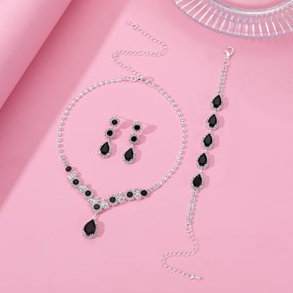 Paxuan Silver/Gold Rhinestone Crystal Wedding Bridal Bridesmaids Earrings Bracelet Set for Women Brides Bridesmaids Crystal Rhinestone Bracelet Earrings Set for Wedding Bridal Prom Pageant - color: Black