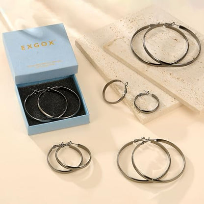 EXGOX 5mm Wide Gold Hoop Earrings for Women,Sterling Silver Hoop Earrings Large Silver Hoop Earrings Hypoallergenic Lightweight 14K Real Gold Plated Big Hoop Earrings for Women 30/40/50/60/70mm - color: Black Hoop-30mm