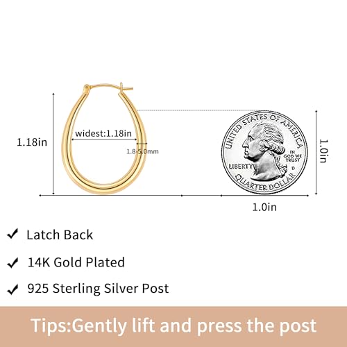 Gacimy Chunky Hoop Earrings for Women, 14K Gold Plated Oval Hoop Earrings with 925 Sterling Silver Post - color: Gold, size: 30mm