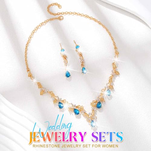 Gold Rhinestone Jewelry Set Bridal Wedding Necklace Earrings Sets Prom Formal Costume Jewelry for Women and Brides - color: Light Blue