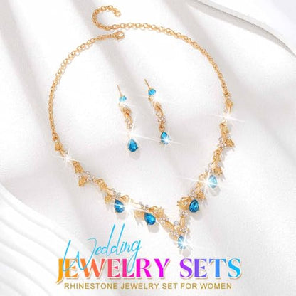 Gold Rhinestone Jewelry Set Bridal Wedding Necklace Earrings Sets Prom Formal Costume Jewelry for Women and Brides - color: Light Blue