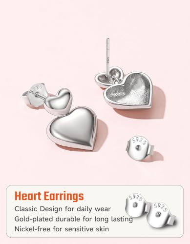 JustBeingCute Heart Stud Earrings 14K Gold Plated 925 Sterling Silver Posts | Dainty Simple Heart Earrings for Women hypoallergenic Chunky Puffy Studs Lightweight with Gift Box（7/10mm） - color: 2-Silver Dangle