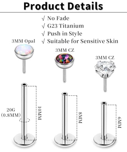 16G 18G 20G 3PCS G23 Titanium Push in Labret Monroe Stud Threadless Lip Ring Opal CZ Nose Stud Pure Titanium for Sensitive Skin Cartilage Helix Tragus Earrings Stud 6MM 8MM 10MM - style: 20G-Sliver