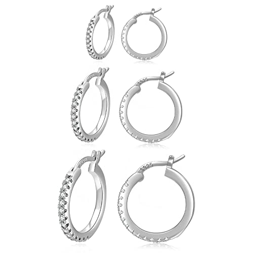 PABBEU 925 Sterling Silver Small Hoop Earrings Set for Women Hypoallergenic | 3Pairs Cubic Zirconia Small Huggie Hoop Earrings Set 13/15/20mm,Nickel-Free Lightweight Comfortable Sleeper Earrings Gift Set - color: 13/15/20mm H Silver