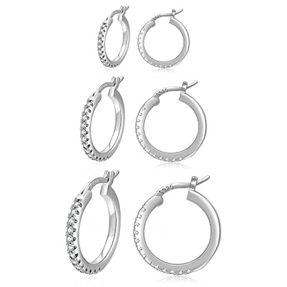 PABBEU 925 Sterling Silver Small Hoop Earrings Set for Women Hypoallergenic | 3Pairs Cubic Zirconia Small Huggie Hoop Earrings Set 13/15/20mm,Nickel-Free Lightweight Comfortable Sleeper Earrings Gift Set - color: 13/15/20mm H Silver