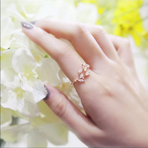 Gold Rings Non Tarnish Silver Adjustable Rings for Women Cubic Zirconia Leaf Ring Dainty Silver Stackable Ring for Women - style: rose gold