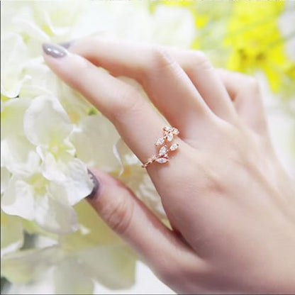 Gold Rings Non Tarnish Silver Adjustable Rings for Women Cubic Zirconia Leaf Ring Dainty Silver Stackable Ring for Women - style: rose gold